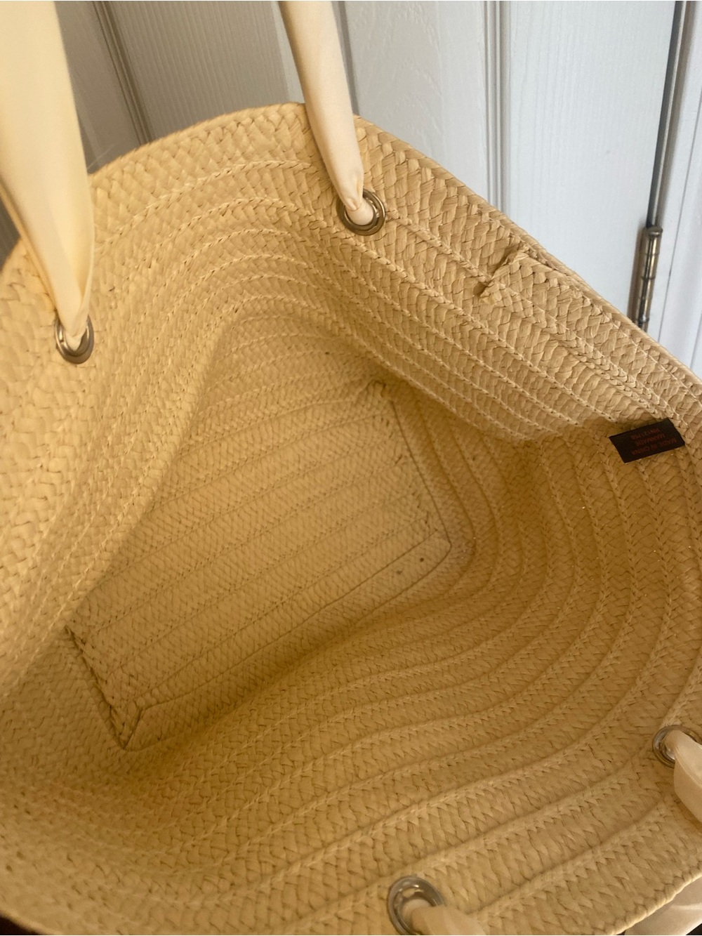 Cream Woven Straw Tote Bag with Ribbon Handles - Picture 3 of 3